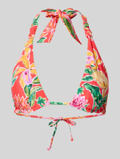 Produktfoto, Bikini-Oberteil im Allover-Look mit rückseitiger Schnürung von Seafolly in Rot mit bunten Blumen, Material-Mix mit Stretch-Anteil, körpernahe Passform, Neckholder