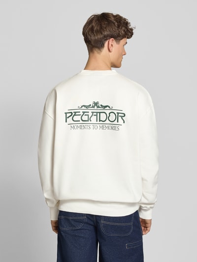 Męski model nosi Oversized Sweatshirt mit Logo-Print Modell 'Stavoren' od Pegador, bawełniany miks, krój oversized fit, biały kolor, zielony nadruk z logo i napisem z tyłu, elastyczne wykończenia, okrągły dekolt, długość tyłu w rozmiarze M: 70 cm, długość rękawa w rozmiarze M: 65 cm, widok całej sylwetki od tyłu.