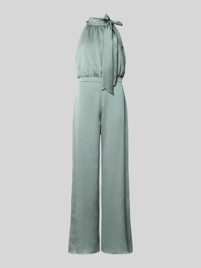 Produktfoto, Jumpsuit mit Schluppe und rückseitigem Knopfverschluss von Swing, satyna, taliowany fason, szerokość w rozmiarze 36: 66 cm, długość tyłu 37 cm, całkowita długość 152 cm, długość wewnętrzna nogawki 82 cm, miękka gładka faktura, kolor pastelowy miętowy