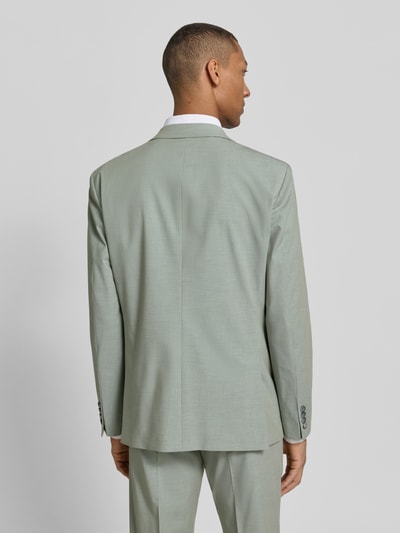 Męski model nosi Slim Fit Anzugsakko mit Pattentaschen Modell 'AIDAN3' od Strellson, optyka melanż, krój slim fit, z podwójnym rozcięciem, klapy z rewersem, dwurzędowe zapięcie na dwa guziki, długie rękawy z dekoracyjnymi guzikami, kieszeń na piersi i kieszenie z patką, widok całej sylwetki z tyłu.