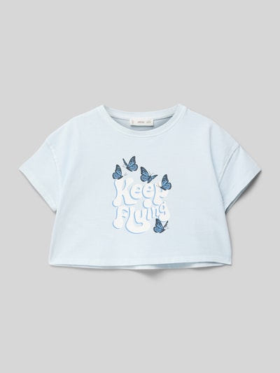 Mango Cropped T-Shirt mit Statement-Print Bleu 1