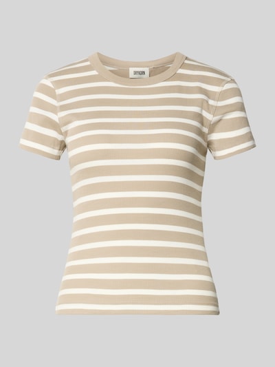 Produktfoto, T-Shirt z okrągłym dekoltem model 'KOALE' od Drykorn, damski, z czystej bawełny, krój slim fit, drobny prążek, długość pleców w rozmiarze S: 52 cm, beżowe i białe paski