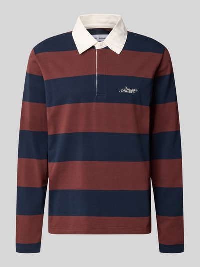 Produktfoto, Regular Fit Poloshirt aus reiner Baumwolle Modell 'KEVIN' von Samsøe Samsøe mit Streifen-Muster in Dunkelblau und Braun, Label-Stitching auf der Brust, glatte Textur, Rückenlänge bei Größe M: 73 cm