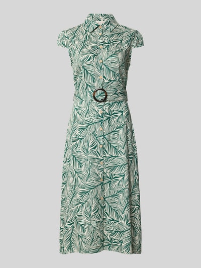 Produktfoto, Midikleid aus Viskose-Mix mit Leinen-Anteil von Apricot, florales Muster, taillierte Passform, grün-weiß, Gürtel, Knopfleiste