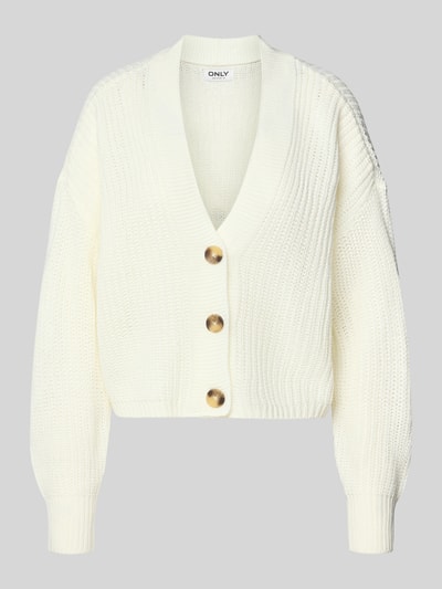 Produktfoto, Regular Fit Strickjacke mit einreihiger Knopfleiste Modell 'CAROLSPRING' van ONLY in effen wit breisel, cropped lengte, geribde boorden