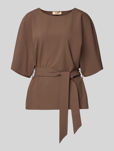 Productfoto, Relaxed Fit Blouse uit viscosemix Model 'Rikas' van MOS MOSH, dames, elastische materiaalmix, halflange mouwen, afneembare stoffen band, ronde hals, bruine kleur, gladde structuur