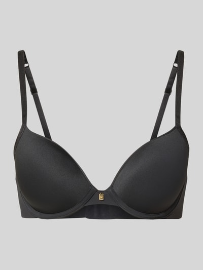 Produktfoto, BH mit Logo-Detail van Triumph in zwarte kleur, elastische materiaalmix, haakjessluiting, verstelbare bandjes