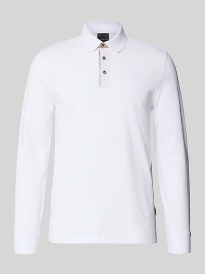Produktfoto, Regular Fit Poloshirt mit Kontrastkragen und Label-Stitching von bugatti in Weiß, reine Baumwolle, Longsleeve, Knopfleiste, Rückenlänge 71 cm bei Größe M.