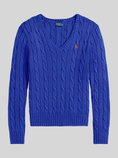 Produktfoto, Regular Fit Strickpullover aus Woll-Kaschmir-Mix von Polo Ralph Lauren, effen blauw, kabelpatroon, gebreid, logo-stiksel, ronde hals, lange mouw, geribbelde boorden