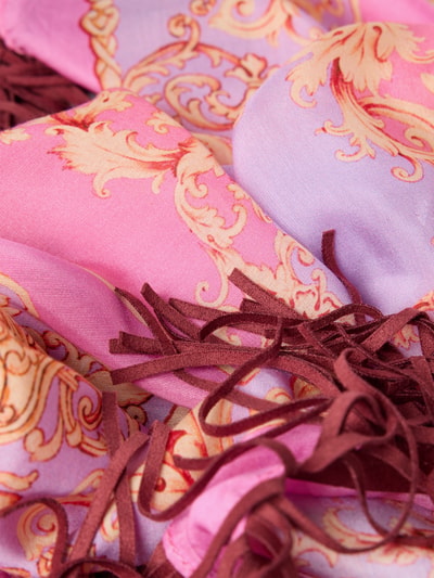 Productfoto, Tuch aus Viskose-Mix mit Seiden-Anteil van Codello, viscosemix met zijde, vierkante pasvorm, met franjes, all-over bloemenprint, breedte 61 cm, lengte 61 cm, dames sjaal, roze en paarse tinten met gele patronen, zachte textuur
