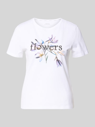 Produktfoto, T-Shirt mit Strasssteinbesatz von Marc Cain in Weiß mit Blumenprint, gerader Schnitt, reine Baumwolle, Rundhalsausschnitt