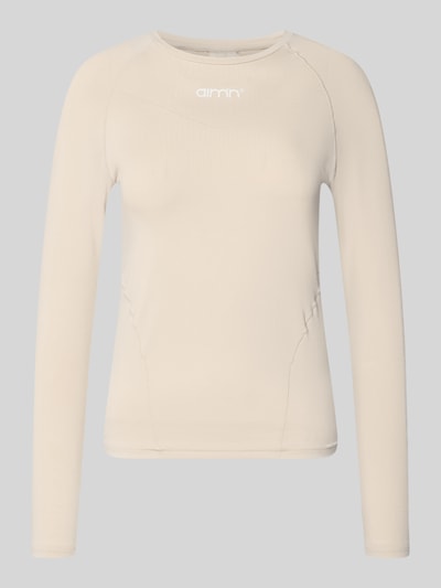 Produktfoto, Langarmshirt mit Rundhalsausschnitt von aim'n in Beige, Semitransparente-Optik, Ziernähte, Körpernaher-Schnitt, Rückenlänge 55 cm bei Größe S