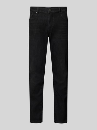 Produktfoto, 'Slim Fit Jeans im Five-Pocket-Design' van REVIEW, zwarte wassing, katoenmix met stretch, knoop- en ritssluiting