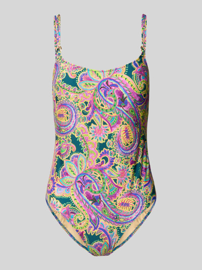 Produktfoto, Slim Fit Badeanzug mit Allover-Paisley-Print Modell 'Lise' von Marie Jo, Elastischer-Material-Mix, bunte Farben, verstellbare Träger, Rückenausschnitt.
