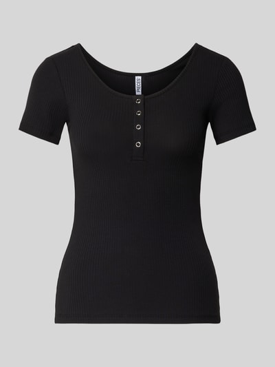 Produktfoto, T-Shirt mit kurzer Druckknopfleiste Modell 'KITTE' von PIECES aus Baumwoll-Elasthan-Mix, Ripp-Optik, gerader Schnitt, schwarz