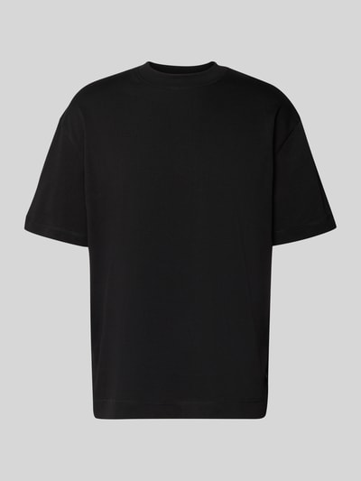 Produktfoto, T-Shirt mit Rundhalsausschnitt Modell 'Carl' von Les Deux, czarna bawełna, prosty krój, detal z logo, rozmiar M długość 72 cm