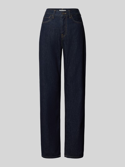 Produktfoto, dunkelblaue Slim Fit Jeans mit Knopfverschluss Modell 'Noxon' von Carhartt Work In Progress, 5-Pocket-Design, glatte Textur.