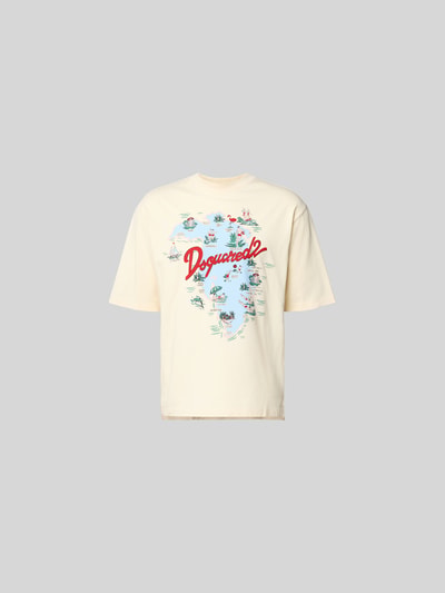 Produktfoto, Loose Fit T-Shirt mit Logo-Print von Dsquared2 in Creme mit buntem Print, reine Baumwolle, verlängerte Rückseite, Rundhals.