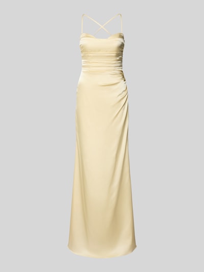 Produktfoto, Abendkleid mit rückseitig overkruiste spaghettibandjes van Mascara, satijn, nauwsluitend model, maxi-jurk, hartvormige hals, vetersluiting aan de achterkant, haakjes- en ritssluiting, ruglengte maat 36: 160 cm, borstwijdte maat 36: 38 cm.