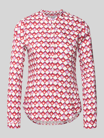 Produktfoto, Bluse aus reiner Viskose von Emily Van den Bergh in taillierter Passform, rot-weißes Rautenmuster, Langarm, Knopfleiste