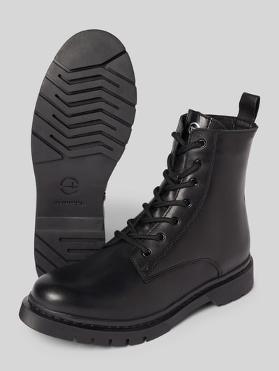 Produktfoto, Schnürstiefel aus echtem Rindsleder von Tamaris in Schwarz, unifarbene Lederoptik, runde Spitze, Blockabsatz, strukturierte Sohle.
