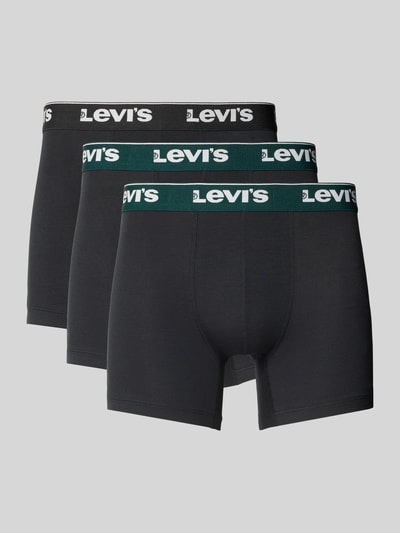 Produktfoto, drei schwarze Pant & Trunk aus Baumwoll-Mix im 3er-Pack von Levi's®, glatter Stoff, elastischer Bund mit Logodruck, neutraler Hintergrund