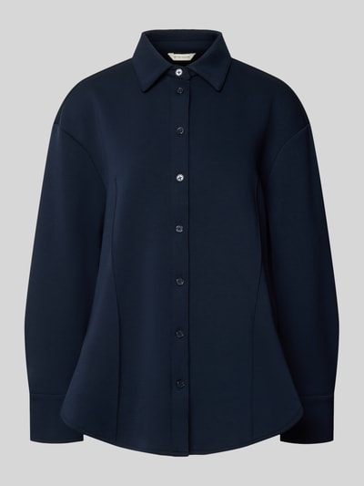 Produktfoto, Regular Fit Longblazer aus Viskosemix von TOM TAILOR in Dunkelblau, unifarben, strukturierte Oberfläche, durchgehende Knopfleiste, Kragen, Manschetten, Langarm