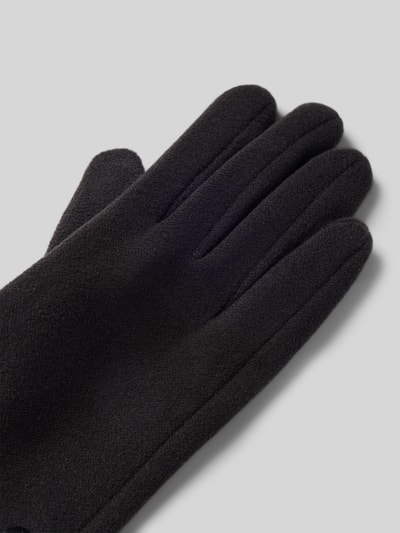 Produktfoto, Handschuhe aus elastischem Material-Mix mit Zierknöpfen von EEM, schwarze Damen Handschuhe, feine Struktur, Saum-Detail in Leder-Optik