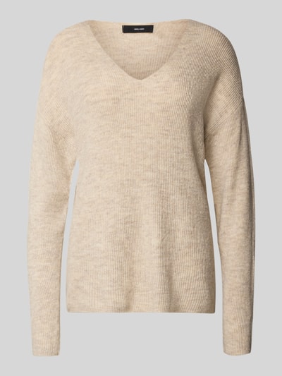 VERO MODA Regular fit gebreide pullover met V-hals, model 'CREWLEFILE' Zand gemêleerd - 2