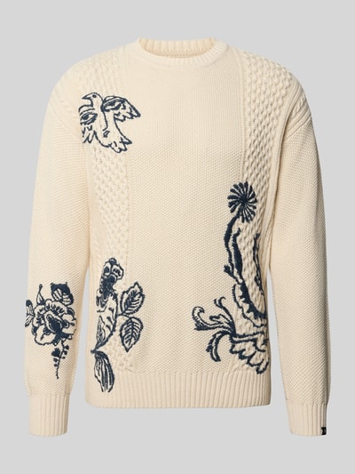 Produktfoto, sweter z dzianiny z bawełny, krój regular fit, hafty, okrągły dekolt, model 'DELFTS BLAUW' od Scotch & Soda.