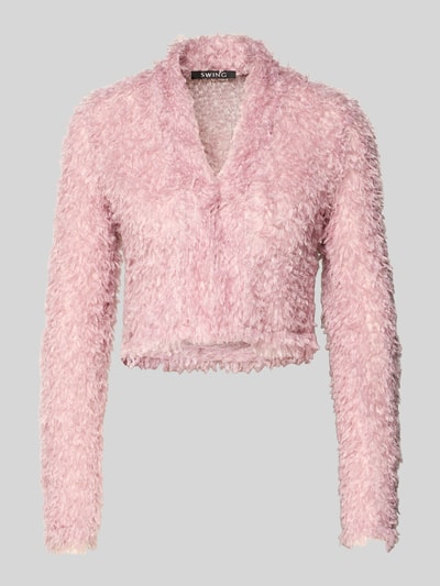 Produktfoto, Cropped Jacke aus Effektgarn mit V-Ausschnitt von SWING in zartem Rosa, Struktur aus flauschigem Effektgarn, Slim Fit, Rückenlänge 46 cm