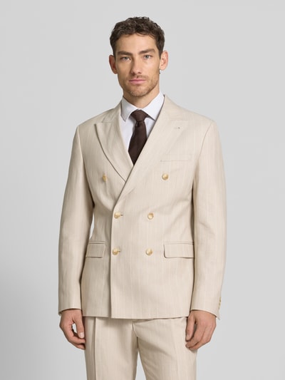 Männermodel trägt Regular Fit Sakko mit pattentaschen und reverskraag van MCNEAL in beige materiaalmix met linnen, dubbele knoopsluiting, paspelzak op de borst, klepzakken, ruglengte bij maat 50: 74 cm, schouderbreedte: 45 cm, mouwlengte: 66 cm, geheel van voren.