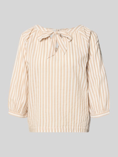 Produktfoto, Loose Fit Kurzarmbluse aus Viskose-Baumwoll-Mix von s.Oliver RED LABEL mit beige-weißen Streifen und strukturierter Oberfläche.