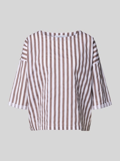 Produktfoto, Relaxed Fit Bluse mit U-Boot-Ausschnitt von Rich & Royal aus reine Baumwolle, braun-weiß gestreift, Halbarm, klare Linien, glatte Textur, Rückenlänge 57 cm, Ärmellänge 26 cm bei Größe 36