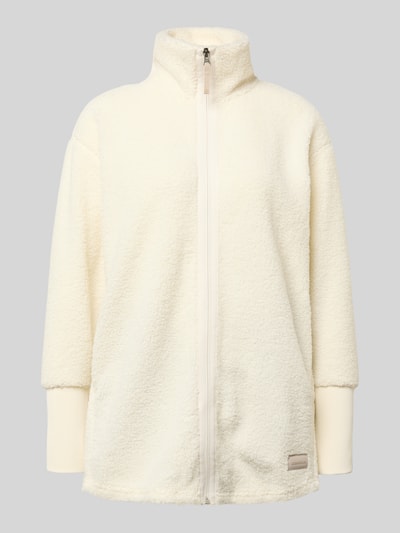 Produktfoto, cremefarbene Fleecejacke mit Stehkragen Modell 'TOLA' von Didriksons, Relaxed-Fit, Reißverschluss, strukturierte Oberfläche, Damen, Rückenlänge 83 cm, Schulterbreite 52 cm, Brustweite 47 cm, Ärmellänge 56 cm