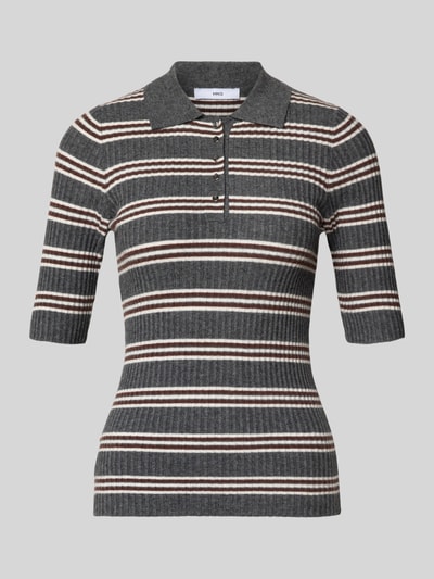 Produktfoto, Strickshirt aus Viskose-Mix mit Polokragen Modell 'HIJAS' von Mango, Slim-Fit, Damen, Ripp-Optik, gestreift in Grau und Beige.