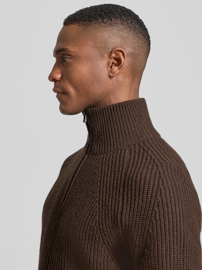 Forét Regular fit gebreid jack van zuivere wol Donkerbruin - 3