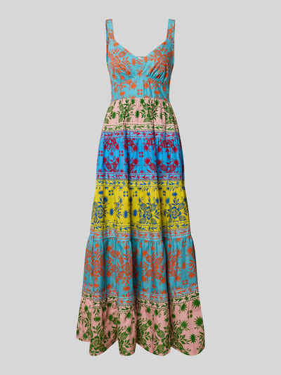 Produktfoto, Midikleid im Allover-Look mit V-Ausschnitt von Apricot, Reine Baumwolle, A-Linie, bunte Farben, florales Muster, 119 cm Rückenlänge, 39 cm Brustweite, Größe S