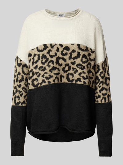 Only Regular Fit Strickpullover mit Animal-Print Colour-Blocking Modell 'JADE' Taupe Melange 1