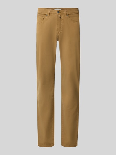 Produktfoto, Straight Fit Jeans aus elastischem Baumwoll-Mix Modell 'Lyon' von Pierre Cardin, kolor musztardowy, 5 kieszeni, szlufki na pasek, zapięcie na guzik i zamek błyskawiczny, Szerokość w rozmiarze 32/34: 41 cm, Długość wewnętrzna nogawki w rozmiarze 32/34: 86 cm
