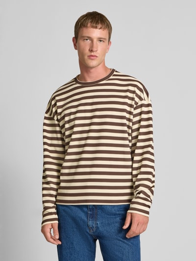 Redefined Rebel Oversized shirt met lange mouwen, ronde hals en gebreid motief, model 'Lewis' Donkerbruin - 4