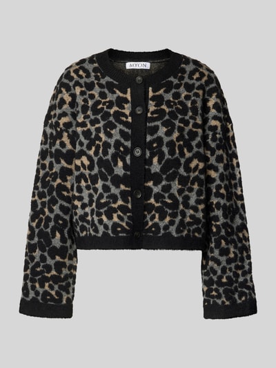 Produktfoto, Regular Fit Cardigan mit Allover-Animal-Print von MYON in Strick-Optik, Knopfleiste, Farben Schwarz, Braun, Creme