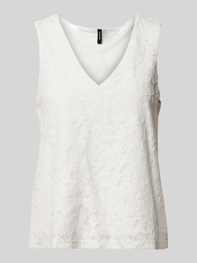 Produktfoto, Regular Fit Trägertop aus Baumwoll-Mix Modell 'HONEY' von Vero Moda, Optik: Unifarben, Spitzen-Muster, V-Ausschnitt, breite Träger, Materialverarbeitung: Spitze, Baumwolle-Mix, weiße Farbe, florale Struktur, zarte Textur