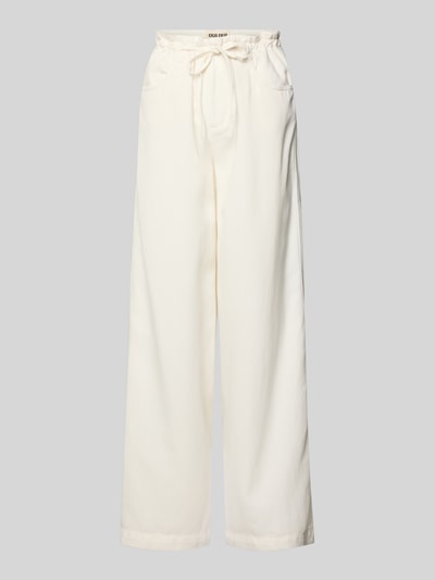 Produktfoto, Hose aus Lyocell-Baumwoll-Mix mit Schnürung von Oui in Creme mit weitem Bein, Eingrifftaschen, glatte Textur, locker geschnitten.