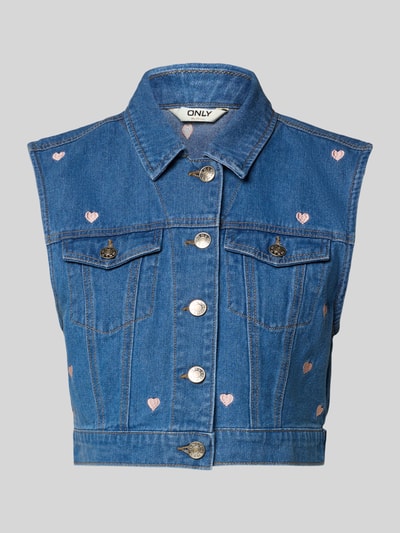 Produktfoto, Regular Fit Jeansweste mit Motiv-Print Modell 'VEGA' von Only in Denim-Optik mit Umlegekragen, Knopfleiste, Brusttaschen, reine Baumwolle, Label-Applikation, blau mit kleinen rosa Herzen