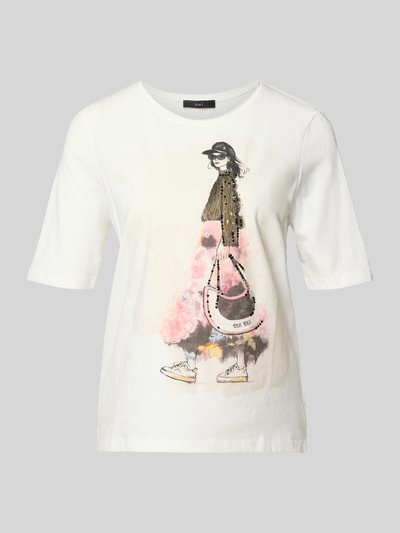 Produktfoto, T-shirt mit Motiv-Print und Pailletten von Oui, damski t-shirt z bawełny, krój regular fit, nadruk z motywem, cekiny, okrągły dekolt, długość tyłu w rozmiarze 36: 58 cm