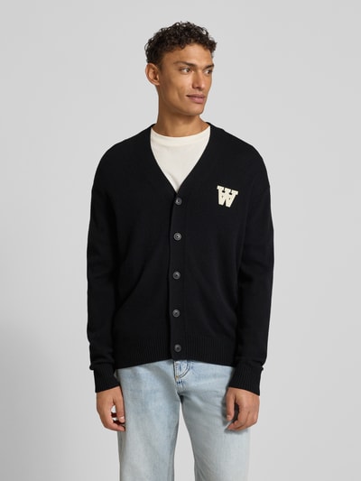 Wood Wood Gebreid jack van lamswol met V-hals, model 'Tay' Zwart - 4