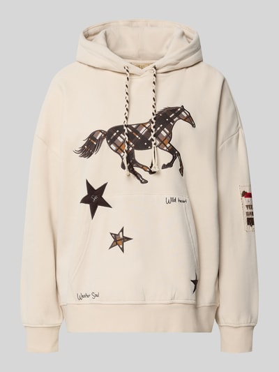 Produktfoto, Oversized Hoodie aus Baumwoll-Mix mit Nieten-Details von Smith and Soul in Creme mit Pferde- und Stern-Stickerei, elastische Abschlüsse, Kängurutasche, Kapuze mit Tunnelzug, Damen Hoodie