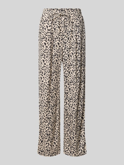 Produktfoto, Loose Fit Weite Hose aus Viskose-Leinen-Mix Modell 'JESMILO' von Vero Moda, Allover-Muster, beige-schwarz, elastischer Bund, Eingrifftaschen