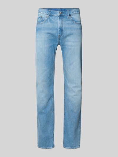 Produktfoto, Straight Fit Jeans aus Baumwolle von HUGO Blue, jednolity kolor, krój straight fit, detal z logo, średni stan, 5 kieszeni